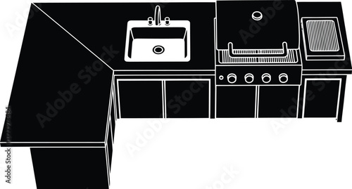 Modern kitchen grill and sink, cupboard with stainless steel patio cooking setup top view. 