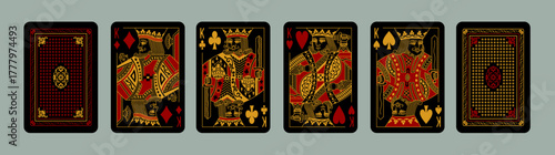 Playing Poker cards set. Four Kings suits of Hearts, Spades, Clubs, Diamonds. Face and back side. Dark Black design. Printable vector gambling  cards isolated on background.	