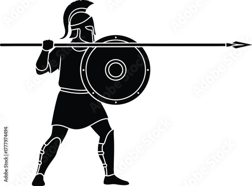 Roman and medieval infantry soldiers in silhouette. Ancient battle warrior vector illustration icon. 