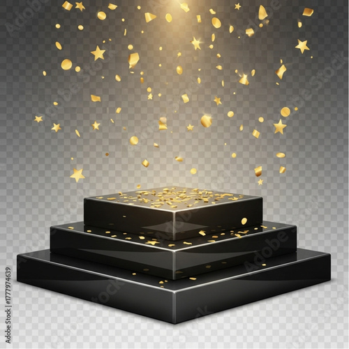 An elegant black pedestal, illuminated by a spotlight and showered with golden confetti. Symbolizing achievement, celebration, and triumph. vector illustration