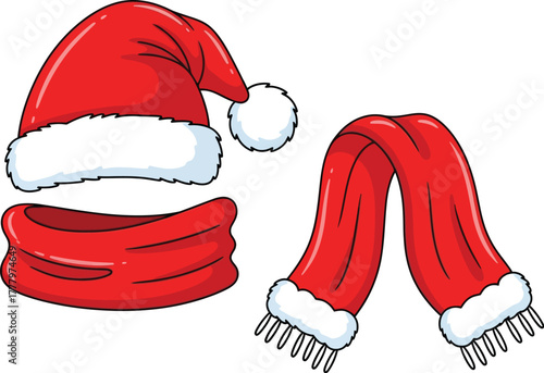 Red and white festive Christmas scarf, winter foulard fashion accessory vector illustration icon