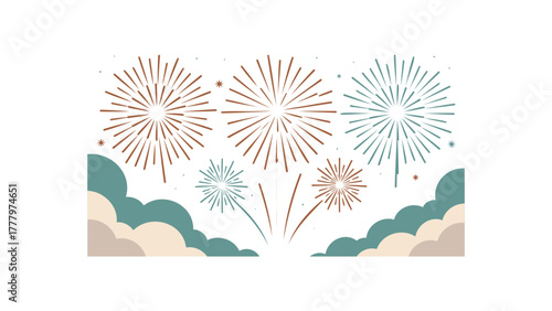 Vibrant bursting fireworks display illuminating the night sky above stylized green and beige clouds