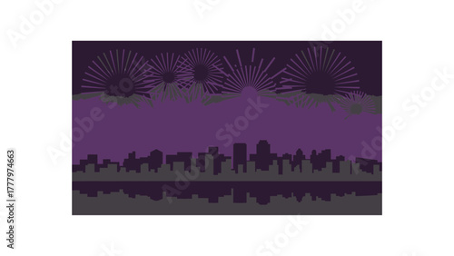 Abstract silhouette of a city skyline at night with vibrant blue and purple glowing lights against a dark background