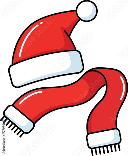 Red and white festive Christmas scarf, winter foulard fashion accessory vector illustration icon