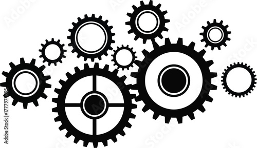 Gear cogwheel mechanism, engineering technology process and teamwork system vector illustration icon silhouette. 