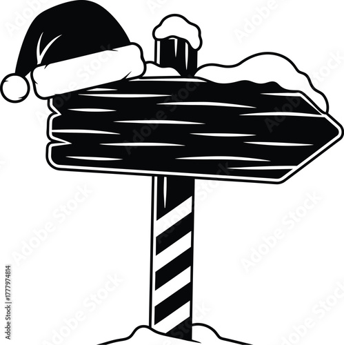 Christmas cap on rustic wood direction arrow signpost in snowy winter landscape vector illustration 