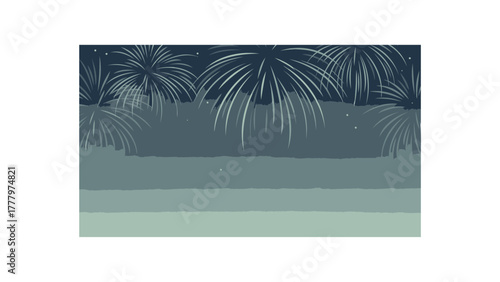 Sparkling fireworks illuminate the dark night sky above a serene tropical beach with palm trees