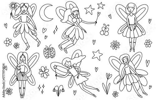Flying fairies characters hand drawn set