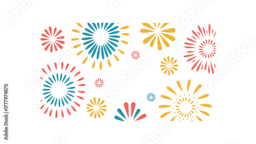 Vibrant abstract floral bursts and circular patterns in bright pink teal and yellow on white background