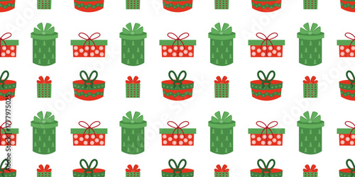 Christmas gift boxes seamless pattern. Red and green presents flat vector pattern