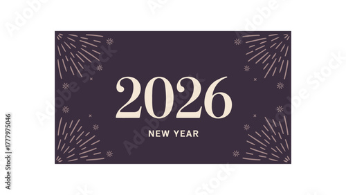 Elegant new year 2026 greeting with stylized fireworks and sparkling lights on a dark background
