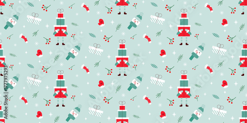 Christmas pattern with snowman, gifts,socks and elf in doodle style on blue background. Seamless holiday pattern.Christmas ornament for wrapping paper, decorations, fabric. Vector illustration.  