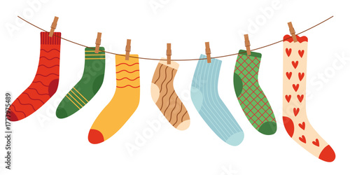 Socks hanging on clothesline flat set. Vector colorful kinds of socks
