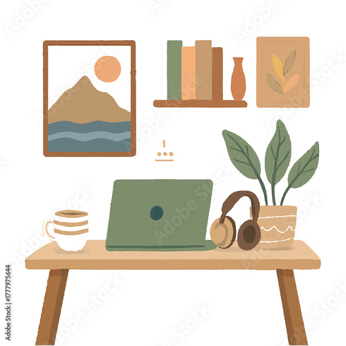 Minimalist Home Office Desk Setup color vector