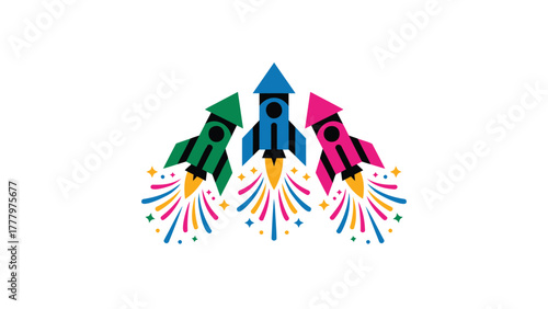 Three colorful cartoon rockets launching upwards with vibrant fiery trails against a white background