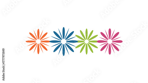 Abstract colorful floral explosion pattern with four distinct flower shapes in a row on a white background