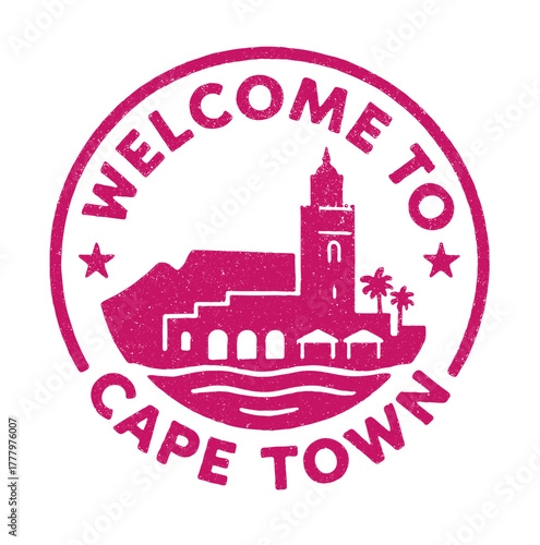 Rubber stamp design showcasing welcome to Cape Town with Table Mountain in the background and a beautiful coastal view