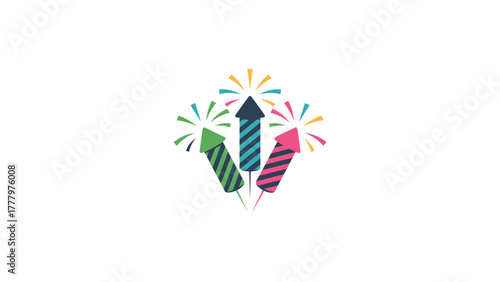 Three colorful striped fireworks rockets bursting with sparkling light against a clean white background