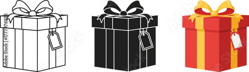 A set of three stylized gift box icons, including an outline version, a solid black silhouette, and a vibrant red and gold present with a ribbon bow and a blank gift tag, ideal for Christmas, holidays
