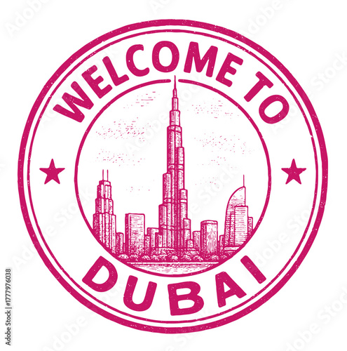 Rubber stamp design featuring the iconic Burj Khalifa with a warm welcome to Dubai in a striking red color scheme
