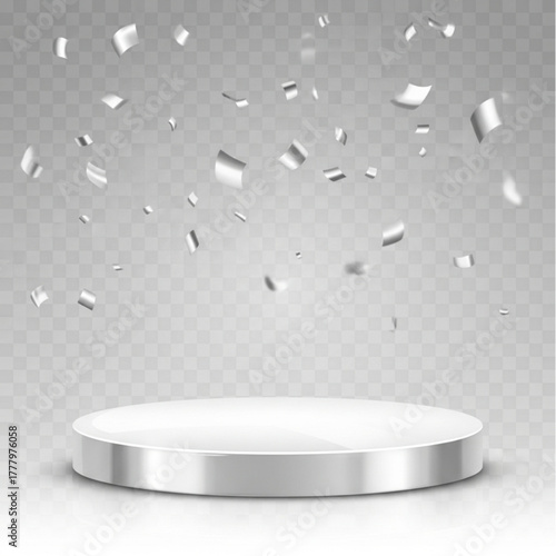 An empty, gleaming platform under a cascade of silver confetti, evokes anticipation. The platform stands ready, the confetti adding a touch of festive flair.  vector illustration