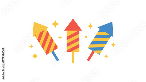 Three colorful cartoon fireworks rockets with striped patterns and sparkling stars on a white background