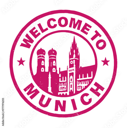 Rubber stamp design featuring welcome to Munich Marienplatz with City Hall in red vector style for travel enthusiasts