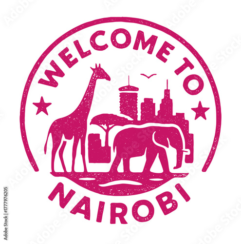 Discover nairobi national park with a unique rubber stamp featuring wildlife and cityscape