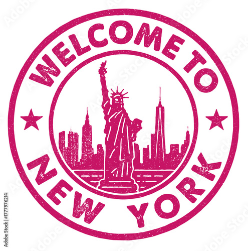 Rubber stamp design showcasing New York with Statue of Liberty and skyscrapers in vibrant red color