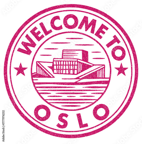 Rubber stamp design welcoming visitors to Oslo Opera House in Norway featuring red vector art and scenic elements