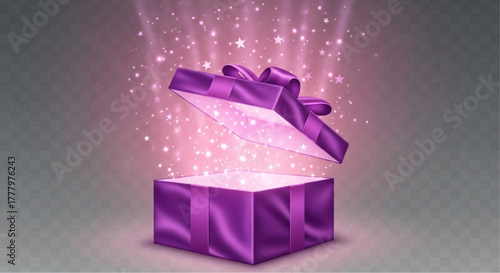A mesmerizing display of an open gift box, its vibrant pink hue radiating beams of shimmering light and tiny stars, evoking a sense of anticipation and delight. vector illustration