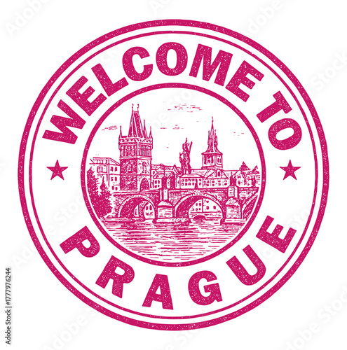 Explore the charm of Prague with this welcoming rubber stamp of Charles Bridge in bold red design
