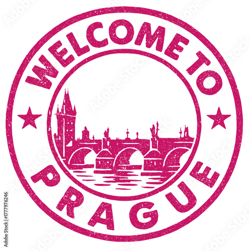 Rubber stamp showcasing welcome to Prague with an illustration of Charles Bridge in vibrant red color