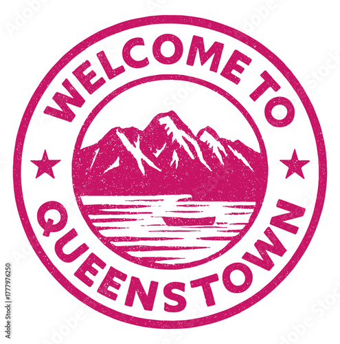 Discover the beauty of Queenstown with a classic rubber stamp design showcasing Lake Wakatipu and the Remarkables