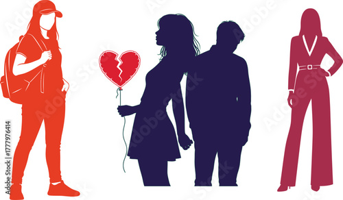 Silhouettes Of People With Broken Heart Balloon And Fashionable Outfits woman couple