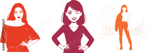 Stylized Female Figures in Red and Orange Silhouettes on White Background woman fashion