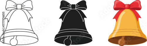 A set of three Christmas or holiday bells, each adorned with a festive bow, presented in different styles: a line art outline, a solid black silhouette, and a colored gold bell with a red bow. These v