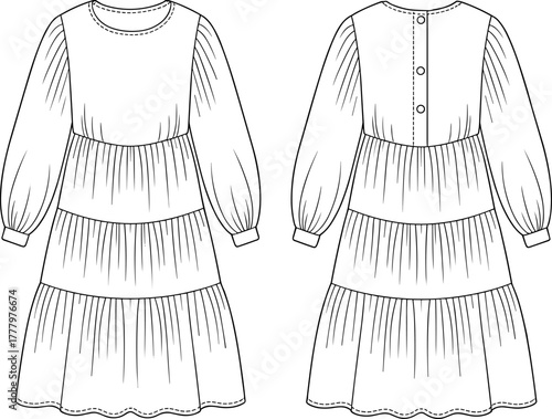 Tiered dress fashion sketch, technical illustration, puff sleeve design, gathered skirt, scalloped hem, front and back view, garment construction