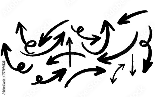 A collection of black, hand-drawn arrows with a textured, sketchy appearance, indicating multiple directions and movements on a white background.