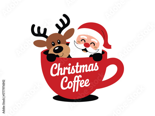 Santa Claus and a reindeer peek out from a giant cup of Christmas coffee.