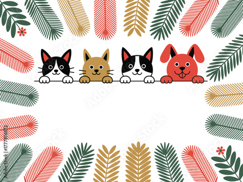 Cute cats and dog peek over a festive border of botanical elements.