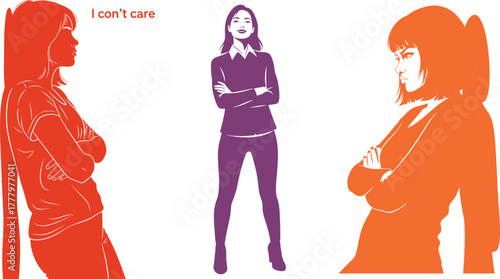 Women Silhouettes In Red Purple And Orange With Crossed Arms woman female