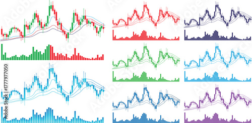 Stock Market Candlestick Chart Vector with Trading Volume Bars and Trend Lines – Technical Financial Analysis Graph Illustration Isolated on White Background