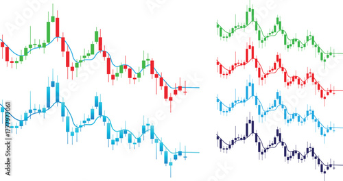Financial Market Candlestick Chart Set Vector – Business Trading Graph with Trend Lines and Technical Analysis Data Isolated on White Background