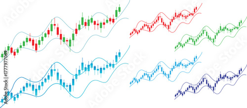 Colorful Candlestick Chart Collection Vector – Stock Market Technical Analysis Set with Trend Lines and Financial Data Graphs Isolated on White Background