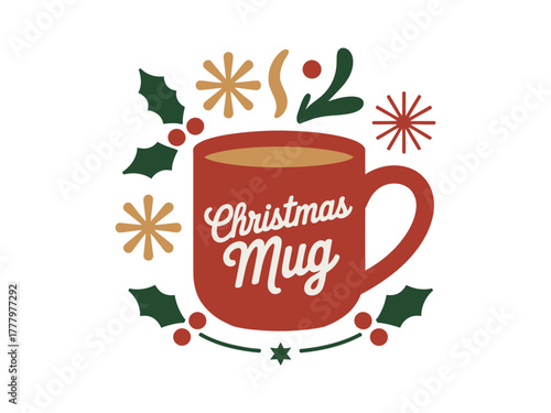 A festive Christmas mug filled with a warm beverage is depicted with holiday decorations.