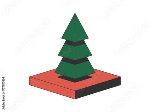 A stylized green Christmas tree sits on a red base with a black shadow.