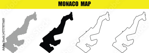 Hand made Monaco map set including filled and outline versions vector illustration for geographic and travel designs By Adobe Illustrator