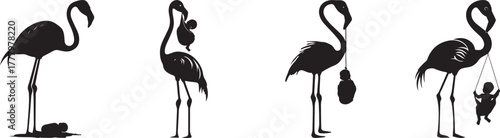 Silhouette of flamingo family stages showing parenting journey from egg to chick, elegant bird illustration, minimal vector design for wildlife, nature, or motherhood themes