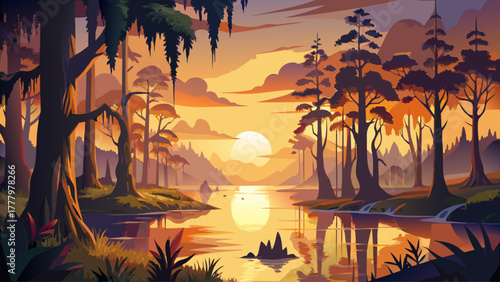 Very beautiful sunrise at the swamp of Caddo Lake, Texas, with golden light filtering through cypress trees draped in Spanish moss, calm reflective water, misty atmosphere, and tranquil natural scener
